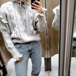 Zara Gray Floral Embroidered Oversized Cable Open Knit Sweater Top Winter Fall